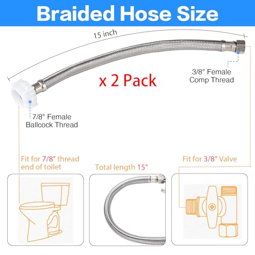 2Pack, PevePexe Toilet Hose Water Supply Line - 15" Length 3/8" COMP x 7/8" BC Braided Toilet Connector Hose - style: 15 inch ( 2 Pack)