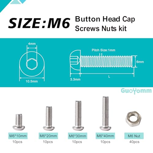 M6 x 10mm 20mm 30mm 40mm Button Head Socket Cap Screws Bolts and Nuts, Stainless Steel 304, Bright Finish, Metric Allen Hex Drive, Fully Thread, Assortment Kit 80PCS - size: Button M6x10-40mm+Nuts