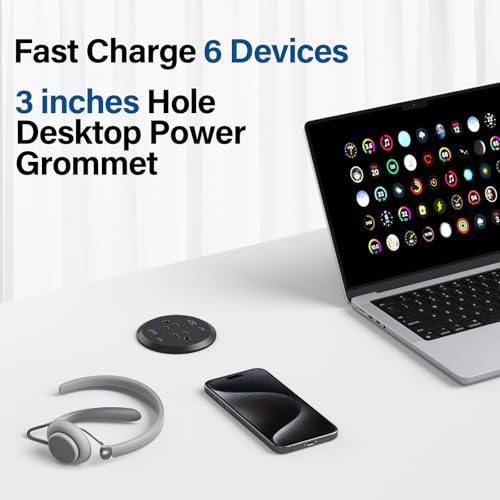 Desktop Power Grommet,GaN 65W USB C Fast Charging Station,2 AC Outlets,4 USB Ports in to the Top of Your Desk,Flush Mount Power Grommet 3-inch Hole,Countertop Recessed Outlet - color: Black, size: 1 Pack