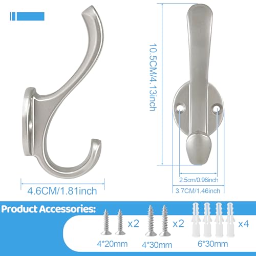 10 Pack Coat Hooks Wall Mount Heavy Duty Utility Retro Double Hooks for Hanging Coats,Hat, Towel, Key, Robe, Scarf, Bag, Cap (Silver) - color: 10 Pack-Silver