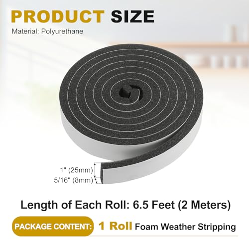 uxcell Weather Stripping Door Seal, 1" x 5/16" x 6.5 Ft Adhesive Foam Tape Seal Soundproof Insulation Strips for Door Frame Window Gaps (1 Roll, 6.5 Feet) - size: 1" x 5/16" (6.5 Ft)