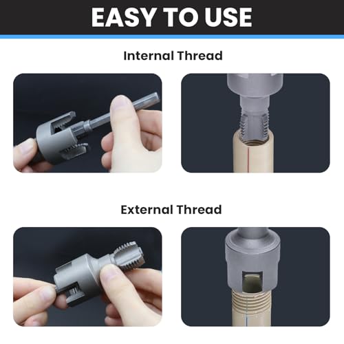 PVC Pipe Threader Kit, 1/2" and 3/4" Internal External Threading Tool with Seal Tape, Electric Drill Compatible for Plastic Pipe Plumbing Repair and Maintenance