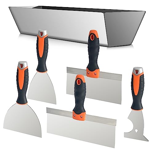 Drywall Hand Tool Kit, 5Pcs Stainless Steel Putty Knife Scrapers Taping Knife with Mud Pan for Drywall Repairing, Paint Scraping and Wallpaper Removing (6pcs) - color: 6pcs