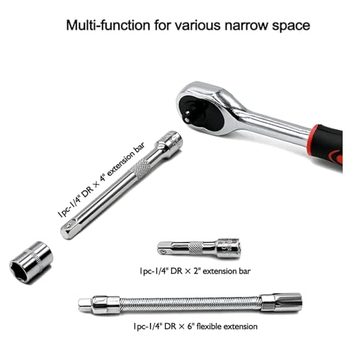 Jinora 46 Pcs 1/4 inch Drive Socket Ratchet Wrench Set with Bit Socket Set Metric and Extension Bar for Auto Repairing and Household