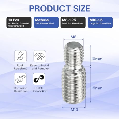 M8x10mm to M10x15mm Double End Threaded Stud Screw Reducing Bolt,304 Stainless Steel Thread Reducer Adapter for Furniture Fastener Welding, Hardware Connectors 10 Pack - size: M8x10mm to M10x15mm