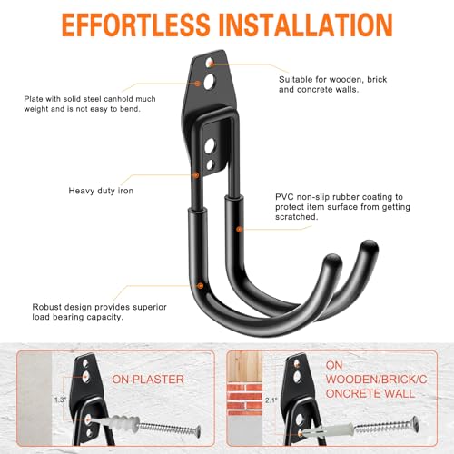HUPBIPY Heavy Duty Garage Hooks 4 Pack, J Shaped Hanger, Wall Mounted Storage System, Power and Garden Tool Organizer, for Hanging Ladders, Bikes Tires, Hose, Bulk Items - color: Black Large J Hook
