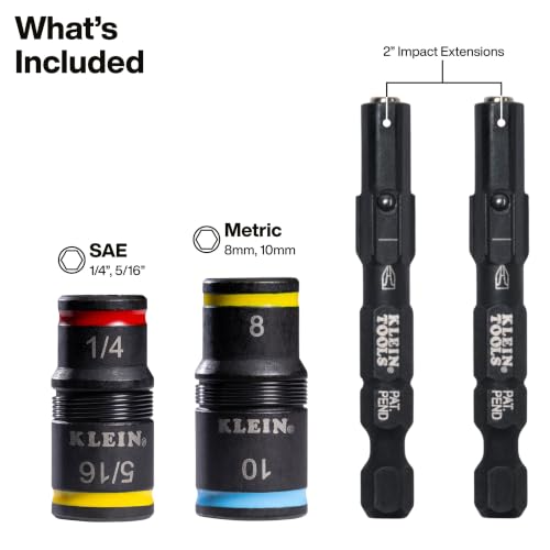 Klein Tools 80213 2-Piece Impact Socket Set, SAE and Metric Flip Socket Set, 4 Hex Nut Driver Sizes and 1/4-Inch Bit Holder, 2-Inch Shafts - color: 6-in-2 Sae & Metric Set
