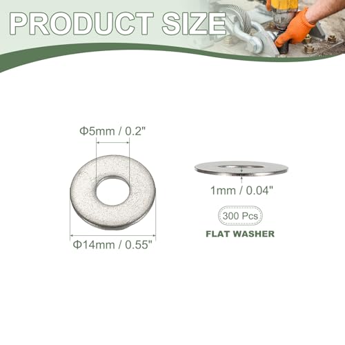 Flat Washers, 304 Stainless Steel Hardware Assorted Washer, 14 x 5 x 1 mm Fit for Bolts Screws Industrial Use (300 Pack, Silver) - size: 14 x 5 x 1 mm