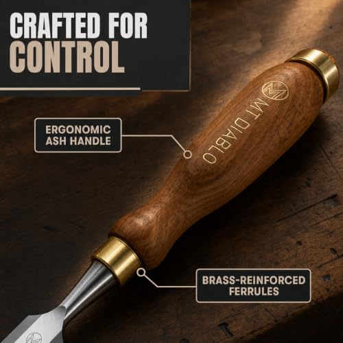 Mt Diablo Woodworking Tools 4 Piece Chisel Set - Premium CV60 Steel Wood Chisel Sets with Ergonomic Handles, Includes 1/4" 1/2" 3/4" 1" Widths - Ideal for Woodworkers - Durable Waxed Canvas Tool Roll