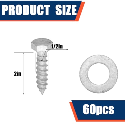 Tandefio 60 Pack 1/2'' x 2'' Lag Screw Bolts with Washer Galvanized - size: 1/2'' X 2''