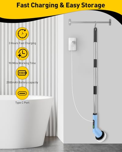 Electric Spin Scrubber for Bathroom, Shower Scrubber with Long Handle - color: Sky, size: 8 Brush Heads