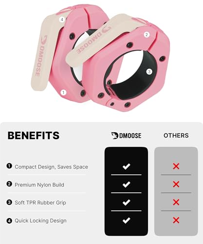 DMoose Fitness Barbell Clips 2 Inch (Pair) - Quick Release Olympic Barbell Clamps & Collars with Anti Slip TPR Grip for Secure Weightlifting and Powerlifting - Weight Clips for Bars at Home or Gym - color: Pink, style: Magnetic