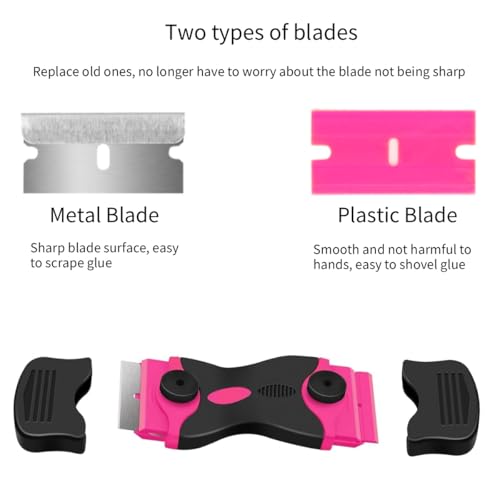 Pink Razor Blade Scraper Tool Set, 20Pcs Razor Blades, Plastic Paint Scraper, Double Edged Razorblade Scraping Tool for Glass, Windows, Stickers, Tint, Decals, Labels, Cooktop, Oven