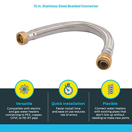 SharkBite 15 Inch Braided Flexible Water Heater Connector, 3/4 in Push-to-Connect x 3/4 in FIP, Stainless Steel, U3088FLEX15LF - size: 15 in, style: SharkBite