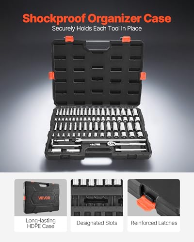 VEVOR Socket Set, 76 Pieces, 3/8 inch Drive Socket and Ratchet Set, SAE and Metric, Deep and Shallow, Mechanic Tool Kit with Accessories and Storage Case, CR-V Alloy Steel, for Automotive Repair - size: 76-PCS