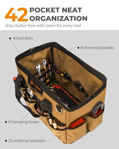 Foxrino Heavy Duty Tool Bag 16-Inch, 42-Pocket Portable Empty Tool Box Organizer Storage, Anti-Collapse Toolbox Organization, 1200D Oxford Soft Handle Carrying Toolbag, Gifts for Men Father Dad