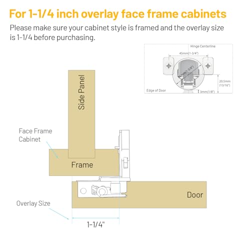 Furniware 20 Pack 10 Pairs 1-1/4 inch Overlay Soft Close Hinges for Face Frame Kitchen Cabinet Hinges Satin Nickel - 3 Way Adjustability Concealed Soft Close Hinges Damper Self Closing - size: 1-1/4 inch Overlay