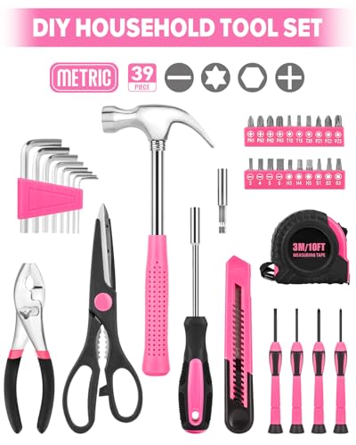 39pcs Pink Household Tool Set, Essential Hand Tool Kit with Plastic Toolbox for Home Repairs, DIY & Crafts, Perfect for Students & Everyday Use