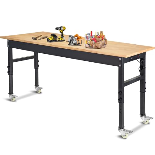 60" Adjustable Work Bench, Rubber Wood Top Workbench - size: 60 inches (with socket and wheels)