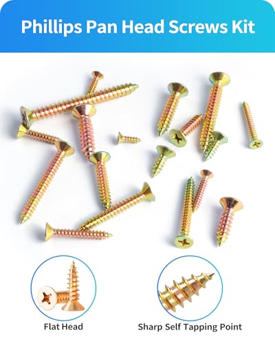 600Pcs Stainless Steel Zinc Plated Wood Screws Assortment Kit, #4#6#8#10#12 Phillips Flat Head Sheet Metal Screws Self Tapping Screws Set,Length 3/8" to 2" (Gold-Flat Head) - color: Gold