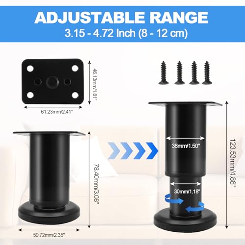 Uenhoy Set of 4 Adjustable Furniture Legs 3.15-4.72 Inch Metal, Black - color: Black, size: 3.15 - 4.72 Inch