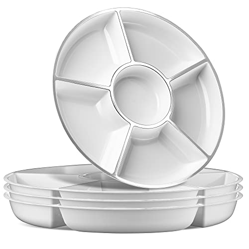 6 Sectional Round Plastic Serving Tray/Platters White W Silver Rim Pack of 2 - color: White & Silver