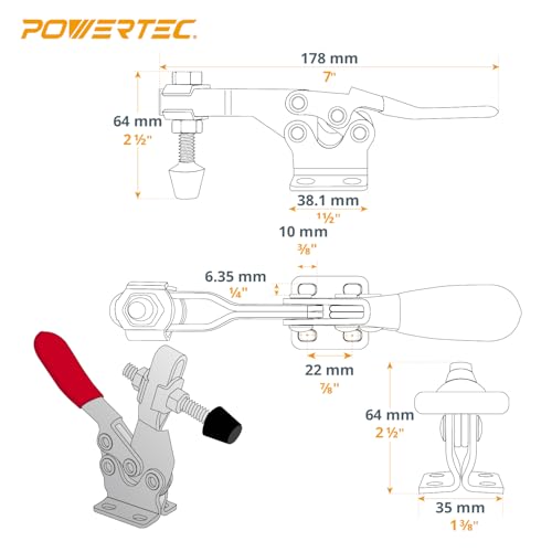 POWERTEC 4PK Toggle Clamp, 500 lbs Holding Capacity, 225D Quick Release Horizontal Clamps w/Antislip Rubber Pressure Tip for Woodworking Jigs and Fixtures,Welding, Drill Press, Crosscut Sled(20325-P2) - style: 225D, 4PK