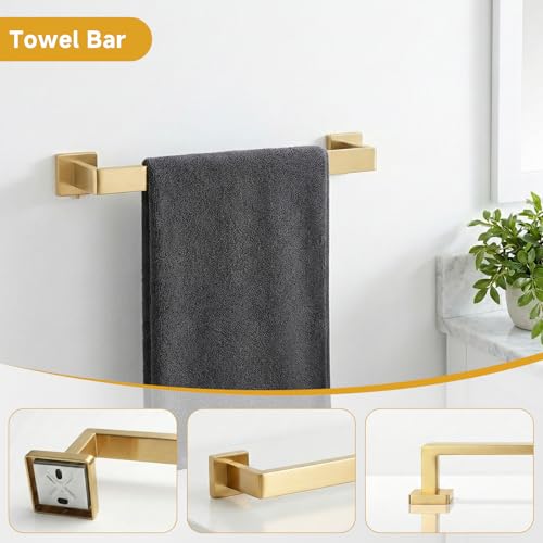 5-Piece Brushed Gold Bathroom Accessory Set, 16 Inch Bathroom Hardware Set, Towel Racks for Bathroom, SUS304 Stainless Steel Wall Mounted Bath Towel Bar Set - color: F-16 Brushed Gold