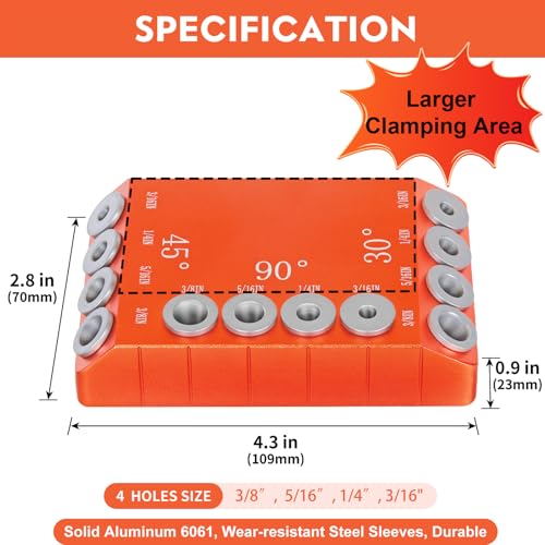 Aluminum Drill Guide Jig 30 45 90 Degree Angle 4 Sizes for Angled and Straight Holes, Portable Durable Cable Railing Drilling Template Block for Deck Stair Handrail DG12 - size: Without F clamp