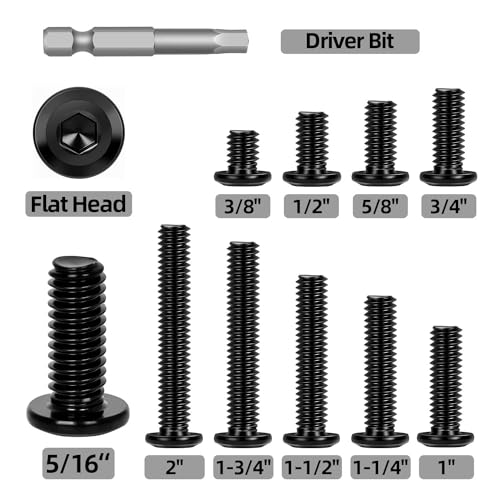 15 PCS 5/16"-18 x 1 Flat Head Socket Cap Screws Bolts, Flat Round Head Furniture Allen Bolts, Stainless Steel 304, Full Thread, Black Coating, Screwdriver Bit Included - size: 5/16"-18 x 1"