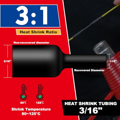 3/16" Heat Shrink Tubing, 65FT Marine Grade 3:1 Shrink Ratio Shrink Tubing, Adhesive Lined Heat Shrink Tube, 3/16 Waterproof Shrink Tube for Wires Home Automotive-Black - size: 3/16"-65 Feet