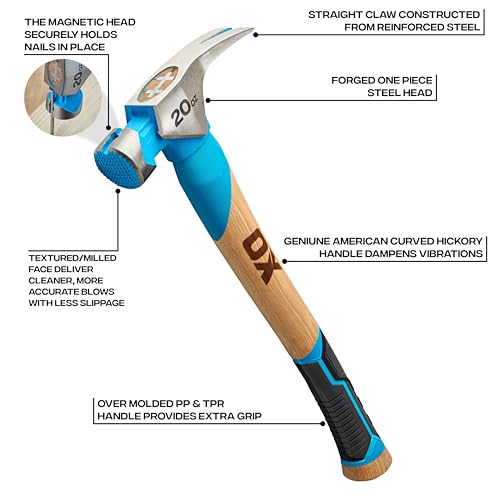 OX 20 oz Framing Hammer, Milled Face Claw Hammer, Martillos de Construccion - style: 20-oz Hammer + Grip