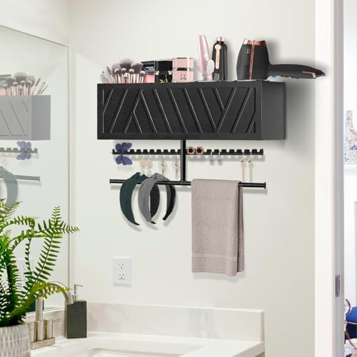 Rustic Hair Dryer Holder Wall Mounted with Towel Rack - color: Black.A