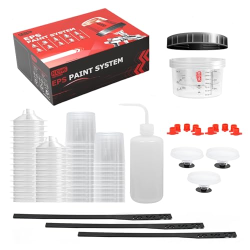 Disposable Paint Cups for Spray Gun,Mixing Cups 6 Ounce (175ml) Kit with 25 Liners and Lids with Strainer System for HVLP&LVLP,1 Hard Cup with Retainer Ring,10 Plugs,3 Caps,1 Wash Bottle - size: 6 oz (Mini)-25Pack