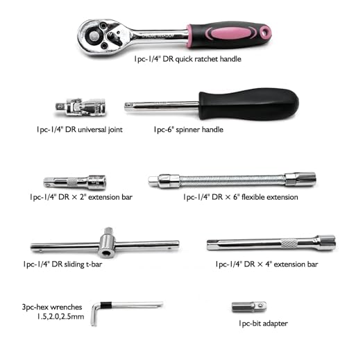 Egofine 46 Pieces 1/4 inch Drive Socket Ratchet Wrench Set, with Bit Socket Set Metric and Extension Bar for Auto Repairing and Household, with Pink Storage Case - style: 1/4" 46 PCS-Pink