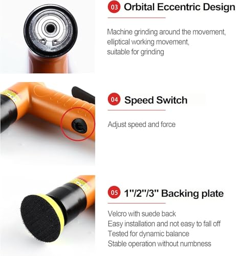 Mini Air Random Orbital Sander, 22000 RPM Pneumatic Polisher with 3 Pads - color: Orange
