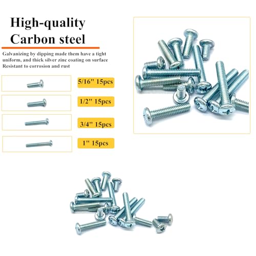 60 Pcs 4 Sizes #8-32 Machine Screws Knob Screws Cabinet Electricians Screws, Carbon Steel Zinc-Plated Phillips Pan Head Machine Screws Assortment Kit - size: #8-32-4Size-60P