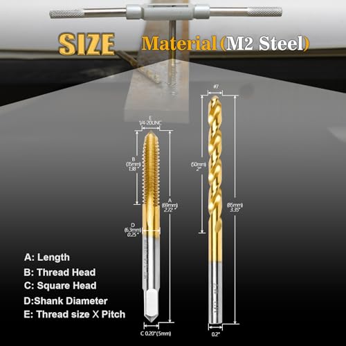 1/4"-20 UNC Tap and #7 Drill Bit Set,M2 HSS Threading Drill and Tap Set - size: 1/4"-20 UNC Tap & #7 Drill