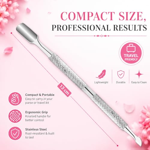 Cuticle Pusher – Professional Stainless Steel Nail Scraper & Cuticle Remover – Dual-Sided Tool for Finger & Toe Nails, Gel Polish & Dead Skin Removal– Non-Slip Handle for Manicure & Pedicure