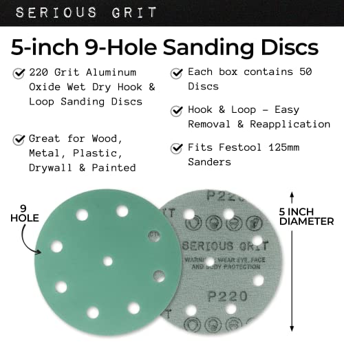 Serious Grit - 5-Inch 9-Hole P220 Grit Sanding Discs - 50 Pack Box - size: 220 Grit