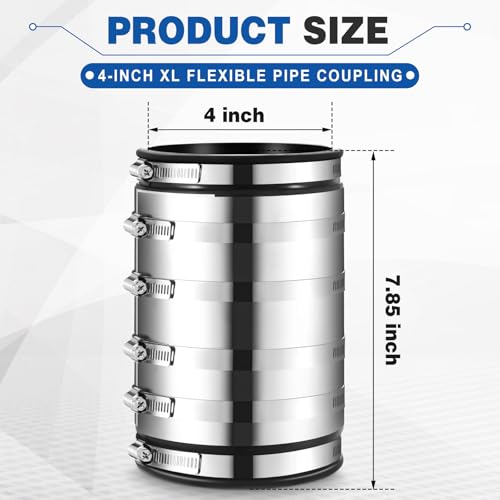 Kingdder 1 Pcs 4 Inch XL Shielded Flexible Coupling, Below-Ground Pipe Connector for PVC, Cast Iron, Steel Pipes, DWV Sewer Drain, Fits OD 4.10-4.65 in - size: 4 Inch