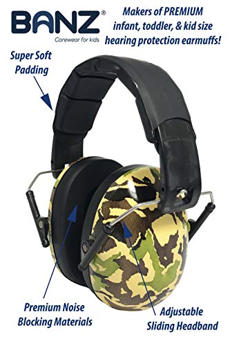 BANZ Kidz Earmuffs 2 Years & Older - Loud Noise Cancelling, Size Adjustable - color: Camo Green