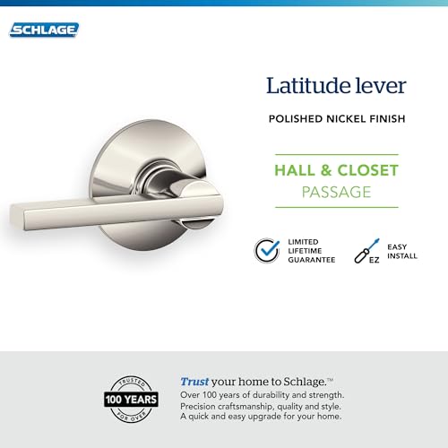 SCHLAGE F10 LAT 618 Residential F10LAT618 Latitude Lever Passage Lock with 16080 Latch and 10027 Strike Bright Finish, 1 Pack, Polished Nickel - color: Polished Nickel, size: Standard