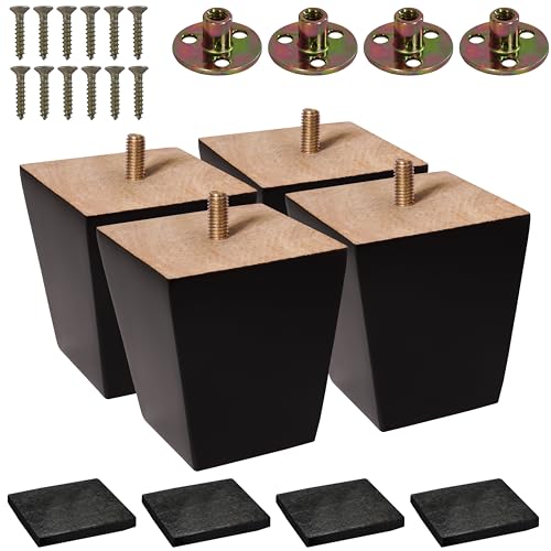 BARIEN (5 Sizes: 3"- 4"- 5"- 6"- 8") Set of 4 Wood Furniture Legs - Square Sofa Legs, Couch Leg - Brown Mid-Century Modern Replacement Legs for Armchair Recliner Coffee Table Dresser (3") - size: 3"