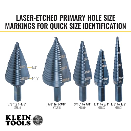 Klein Tools KTSB11 Step Drill Bit #11 Double-Fluted 7/8 to 1-1/8-Inch with Easy-to-Read Markings and Targets, 3/8-Inch Hex Shank - size: 7/8 to 1-1/8-Inch, style: Standard