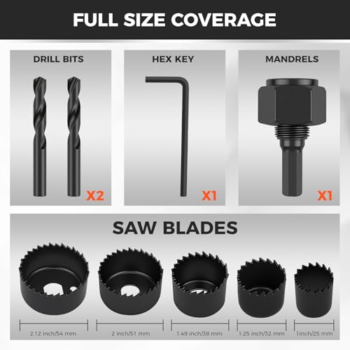 HORUSDY 8PCS Hole Saw Kit, 1"–2-1/8" (25–54mm), with 2 Pcs Drill Bits, Mandrel & Hex Key, Smooth Cut, DIY-Friendly Set for Soft Wood, Plywood, PVC - style: 8-Piece Starter Kit (Up to 2-1/8")