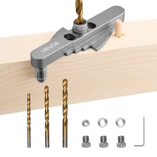 VEVOR Doweling Jig Kit, Self Centering Dowel Drill Jig for Straight Holes, with Drill Bit Set 1/4", 5/16", 3/8" and Drill Bit Stop Collar Set, Aluminum Alloy Woodworking Tools for Drilling, Marking - size: Mini, style: Doweling Jig