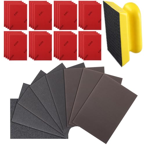 32Pcs Sanding Sponge Kit with Sanding Block, 180-3000 Grit Sandpaper | Wet & Dry Use, Ergonomic Soft Sanding Block, Washable & Reusable Material, For Wood, Auto Body, Guitar, Metal