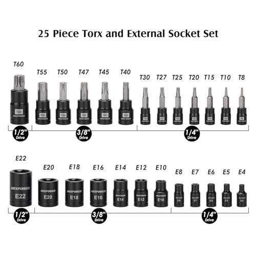 MIXPOWER 25 Piece Torx Bit and Socket Set, 13 Star Bits (T8- T60) & 12 E-Torx Sockets (E4-E22), Professional Grade Auto & Motorcycle Mechanic Set - size: T8-T60,E4-E22(25PCS)
