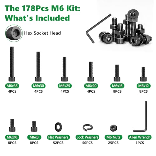 178Pcs M6 Metric Screws, 12.9 Alloy Steel Hex Bolts & Nuts Kit - size: M6 178pcs 3